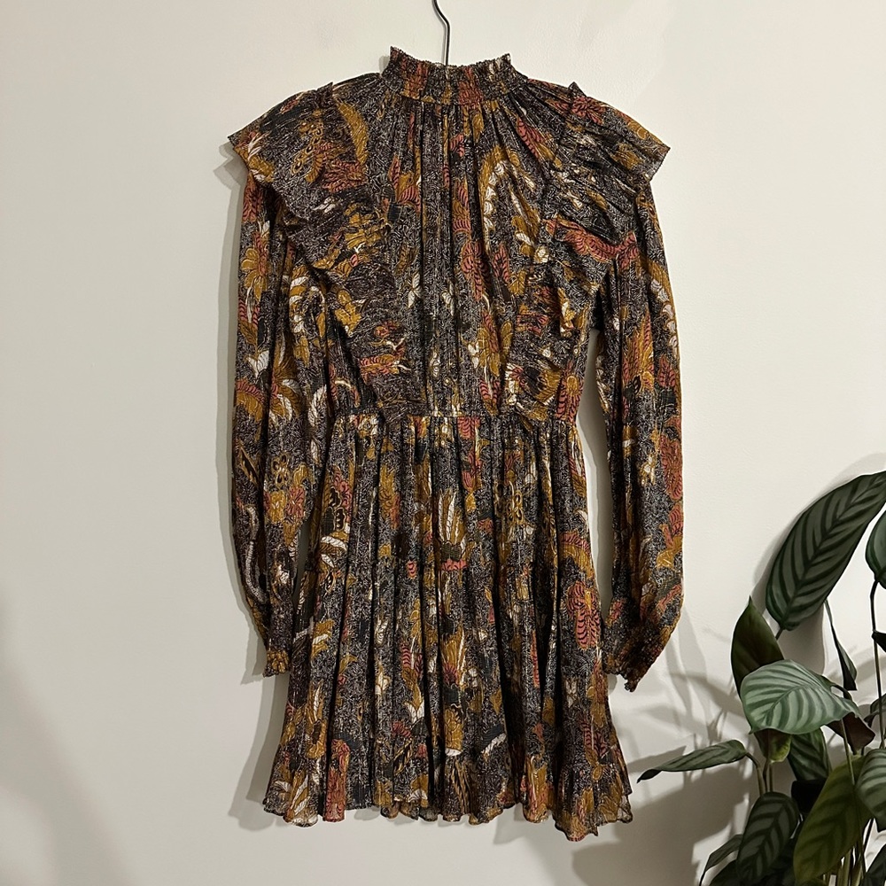 Ulla Johnson Vienne Ruffle Long Sleeve Brown Dress 6.